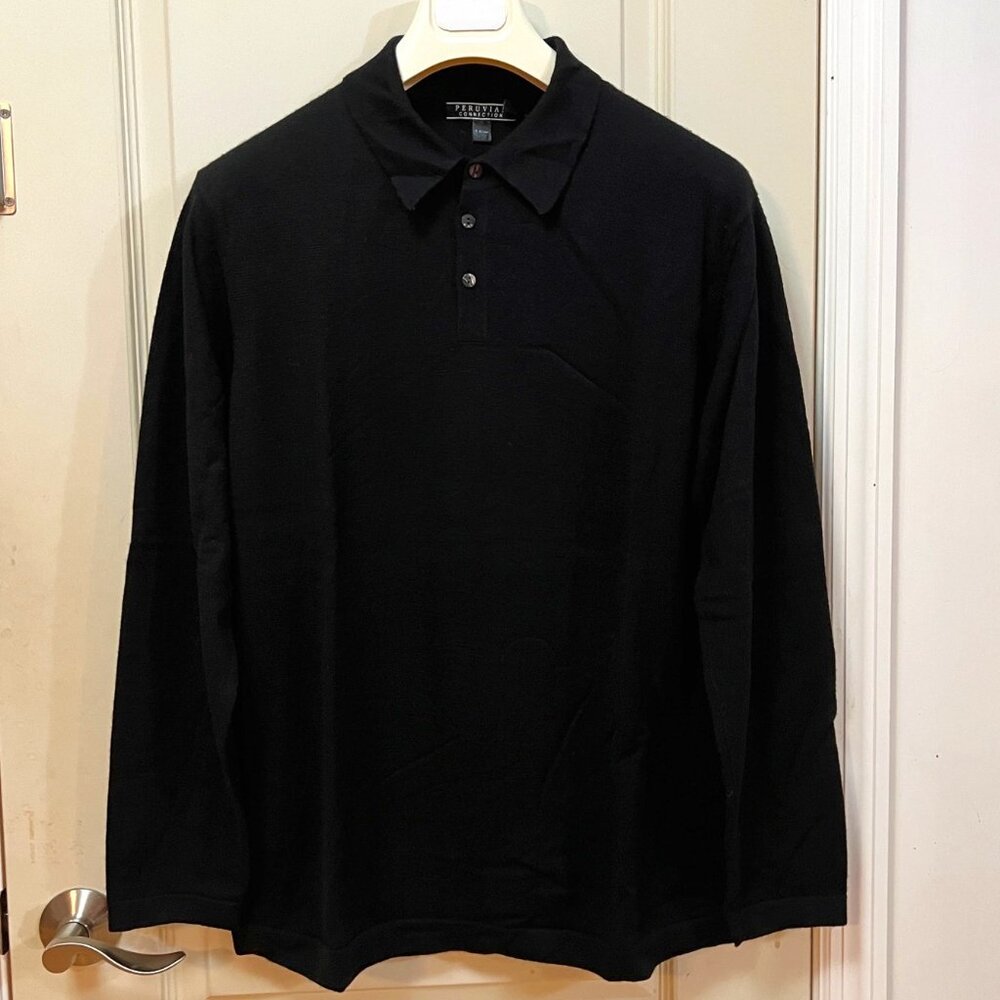 Peruvian Connection Men's Size L 100% Wool L/S Qtr Button Sweater. Black